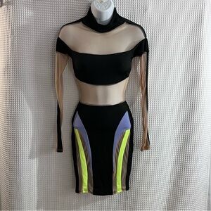 Sheer Panel Black Crop Top & Neon Accent Skirt Set